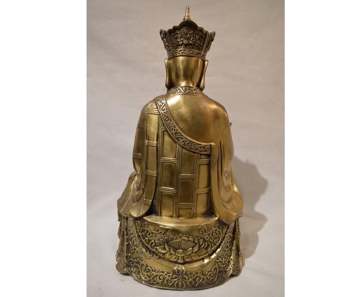 Chinese Export Large Chinese Gilt Bronze Quan Yin Seated Upon Double Lotus Flower