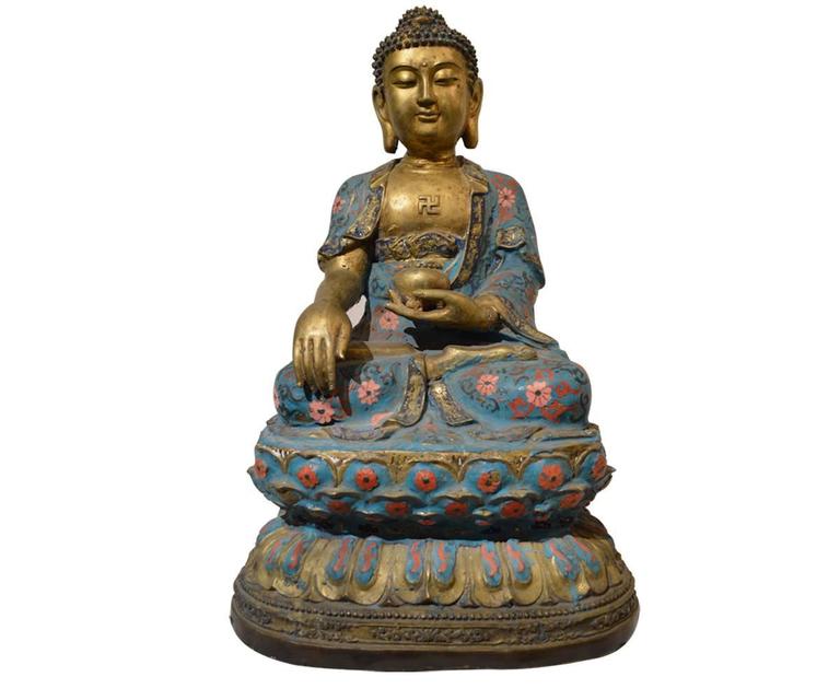 Three Large Chinese Gilt Bronze and Cloisonné Buddha’s Seated on Lotus ...