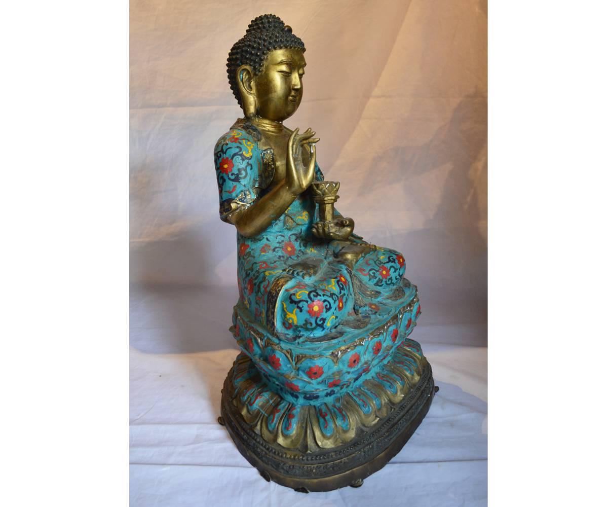 Three Large Chinese Gilt Bronze and Cloisonné Buddha’s Seated on Lotus Flower In Good Condition In Laguna Beach, CA