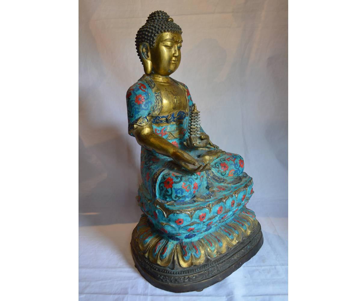 20th Century Three Large Chinese Gilt Bronze and Cloisonné Buddha’s Seated on Lotus Flower