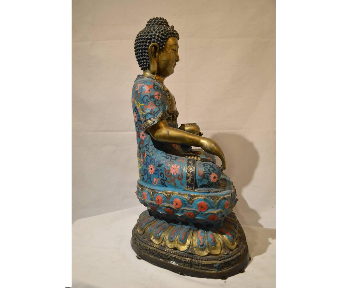 Three Large Chinese Gilt Bronze and Cloisonné Buddha’s Seated on Lotus Flower 1