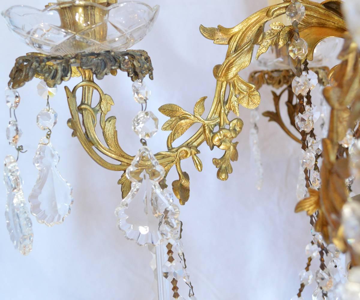 Louis XIV Pair of Antique French Gilt Bronze Six-Arm Crystal Candelabra