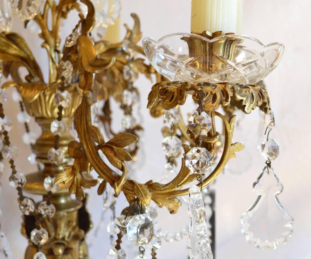 Hand-Carved Pair of Antique French Gilt Bronze Six-Arm Crystal Candelabra