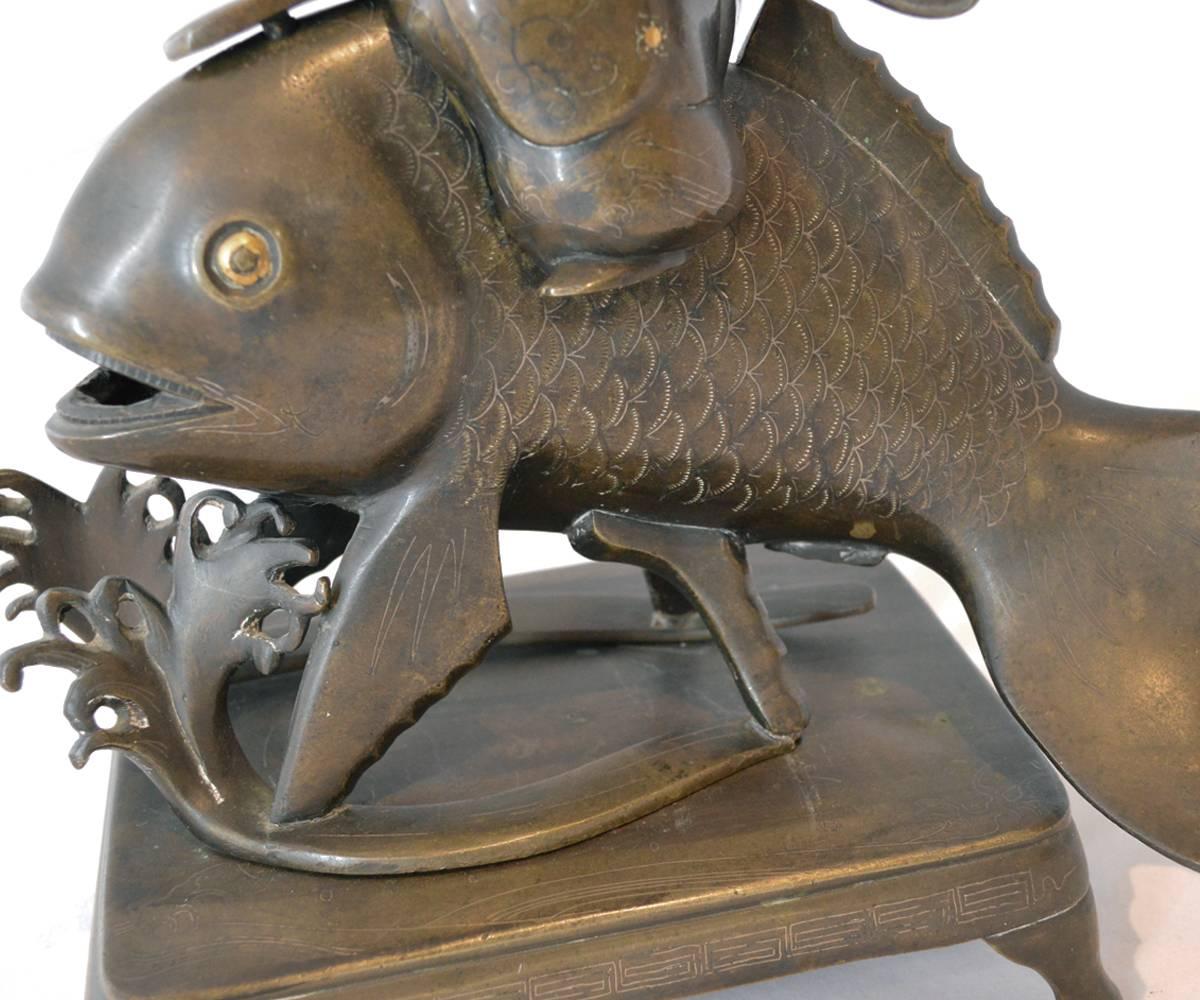 Bronze Antique Japanese Censor with a Figure and a Fish For Sale