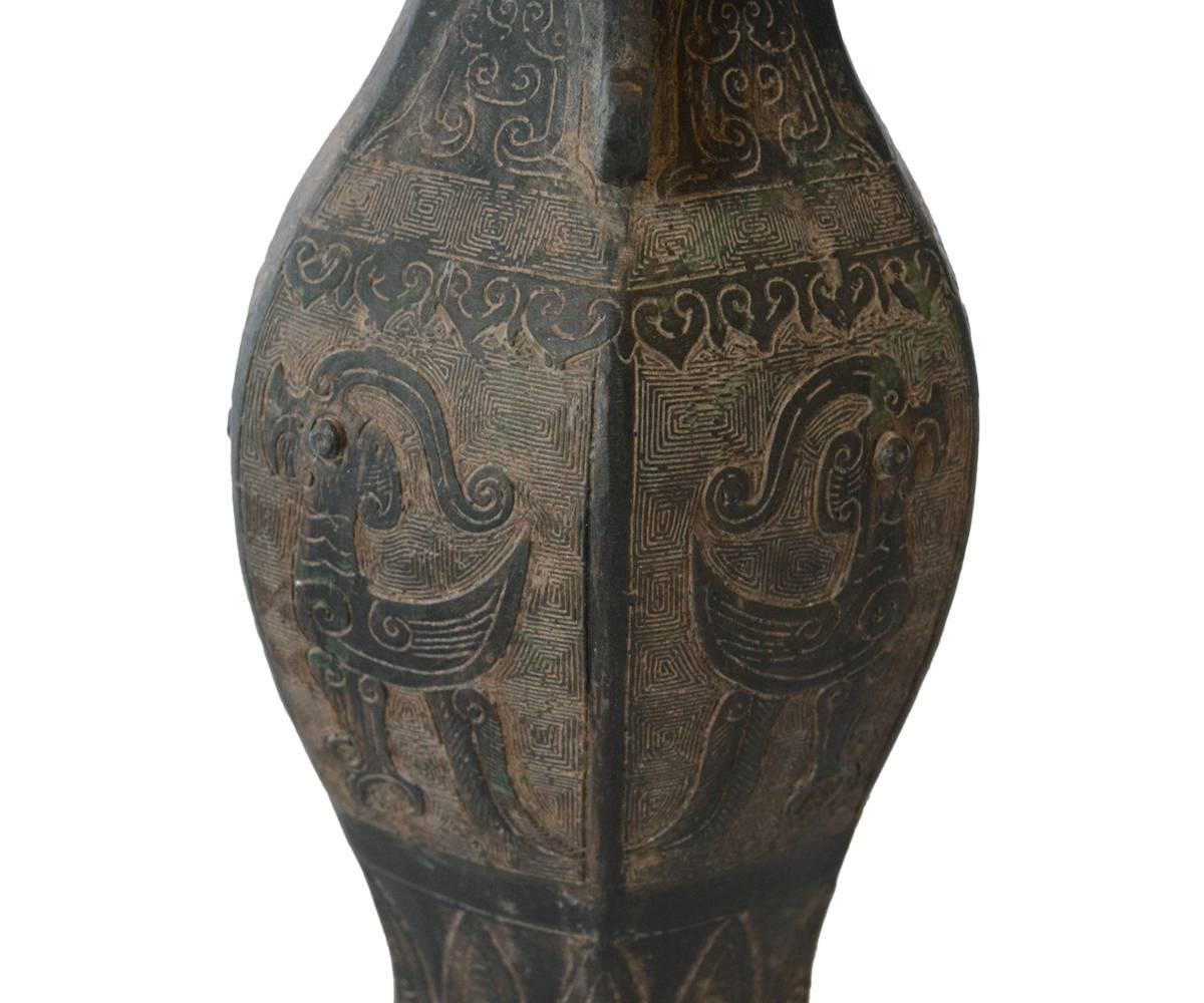 Chinese Export Antique Chinese Archaic Hexagonal Bronze Cast Vase Featuring Peacocks