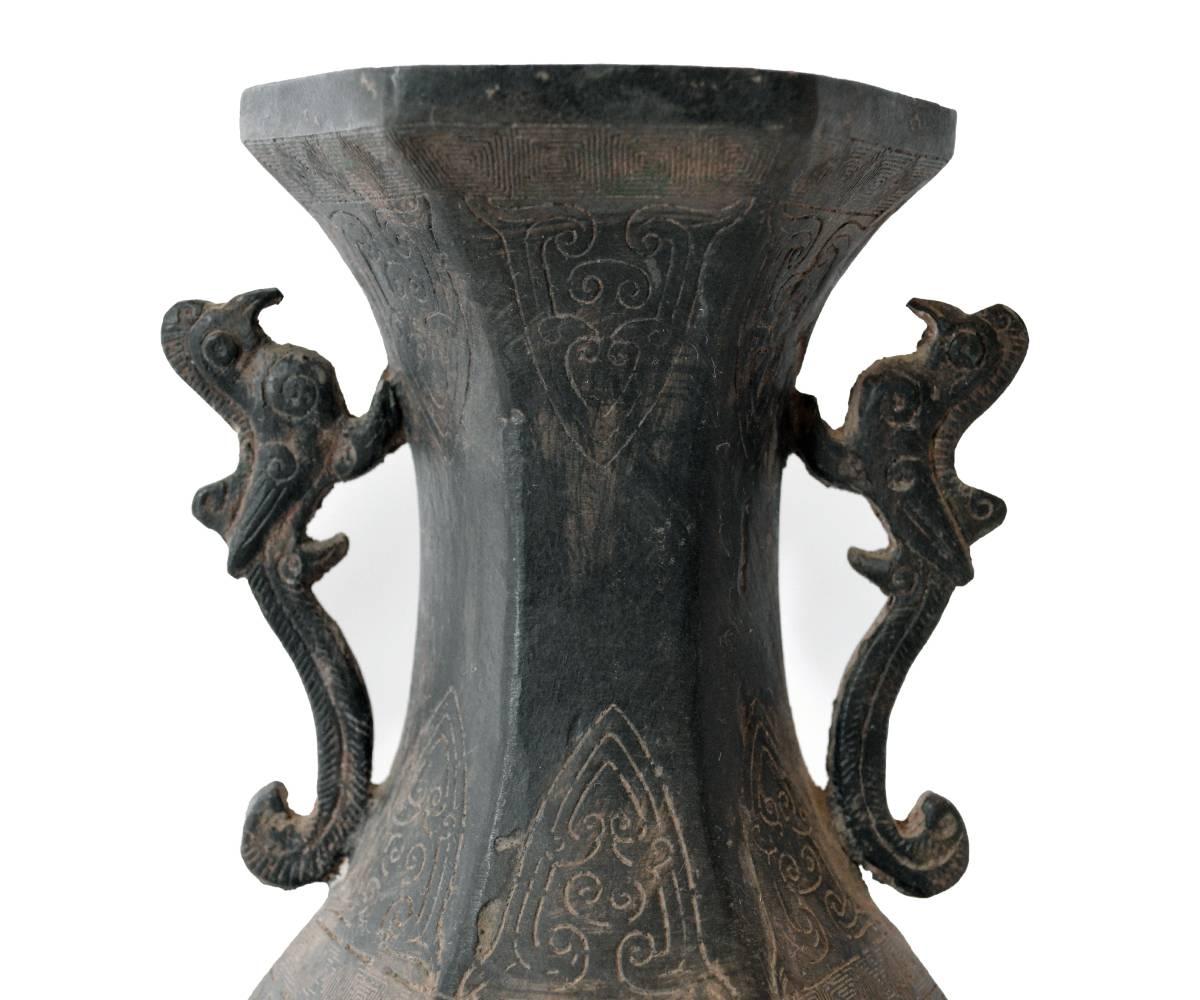 Antique Chinese Archaic Hexagonal Bronze Cast Vase Featuring Peacocks In Good Condition In Laguna Beach, CA