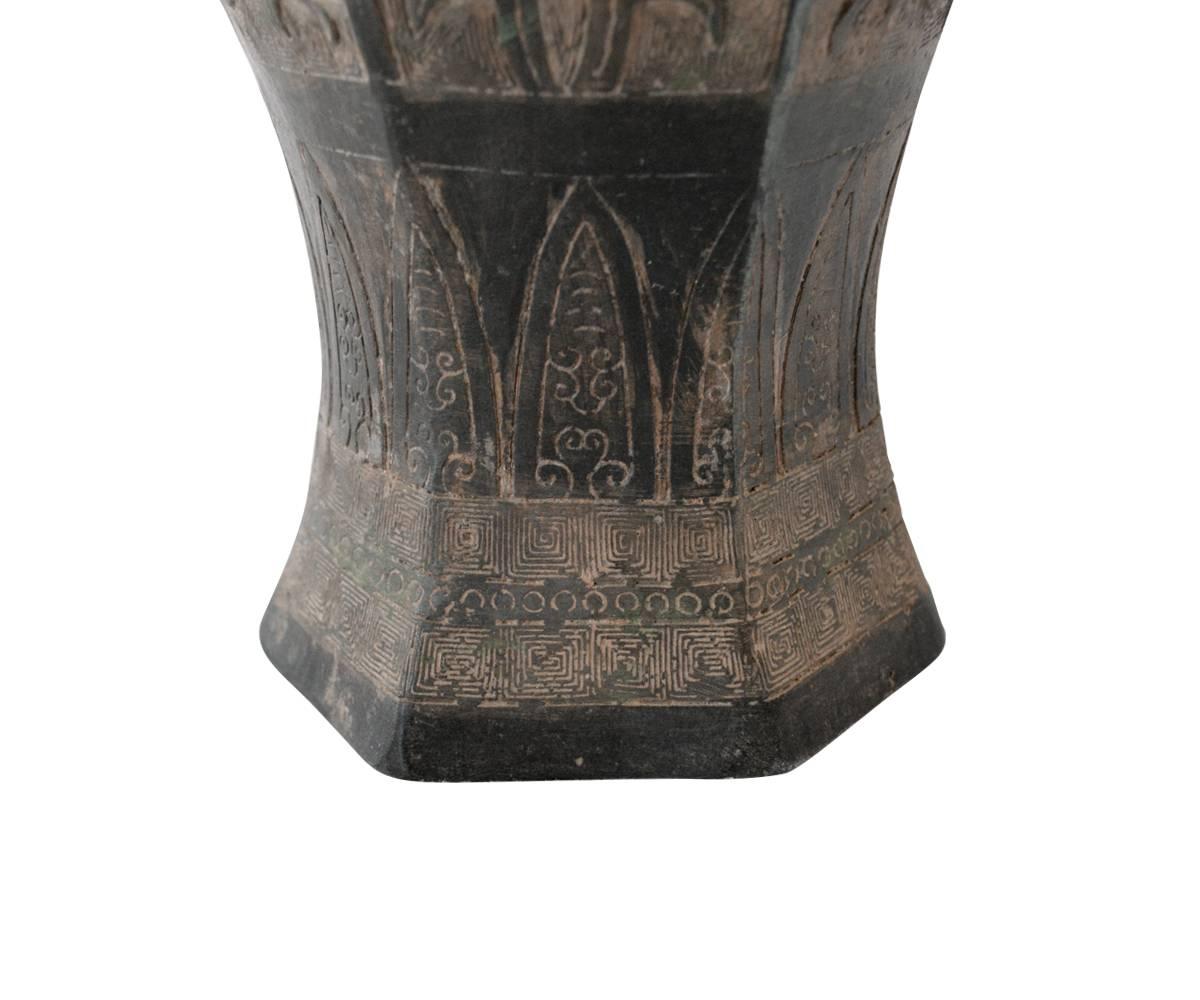 19th Century Antique Chinese Archaic Hexagonal Bronze Cast Vase Featuring Peacocks