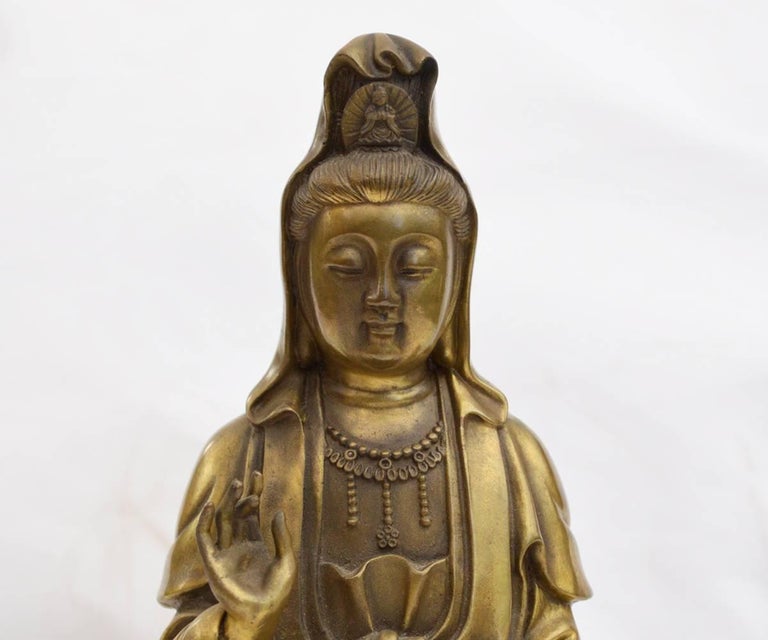 Chinese Bronze Quan Yin Statue with Buddha in Headdress at 1stDibs