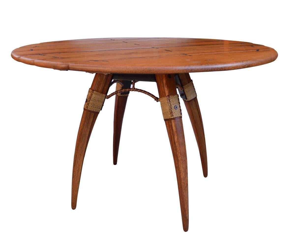 Hand-Carved Pacific Green Round Dining Table with Five Matching Chairs