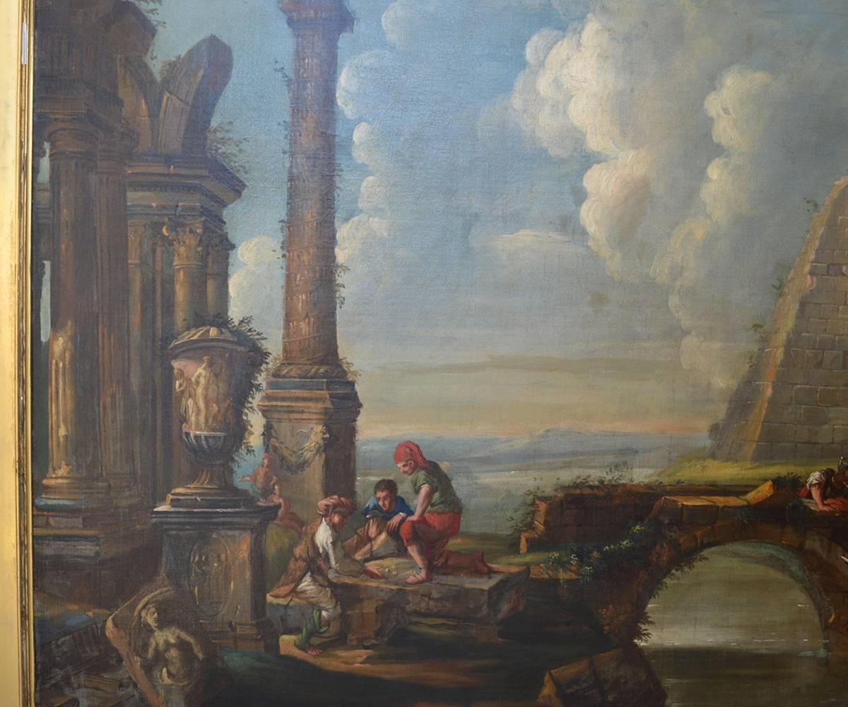 Renaissance Large Oil Painting Capriccio in the Style of Giovanni Paolo Pannini, circa 1760