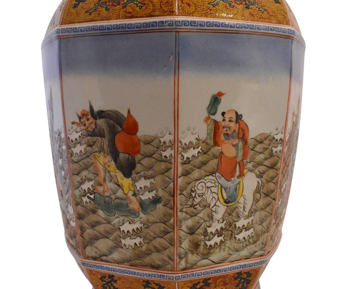 Chinese Export Tall Chinese Enameled Porcelain Segmented Stamped Vase with Eight Immortals