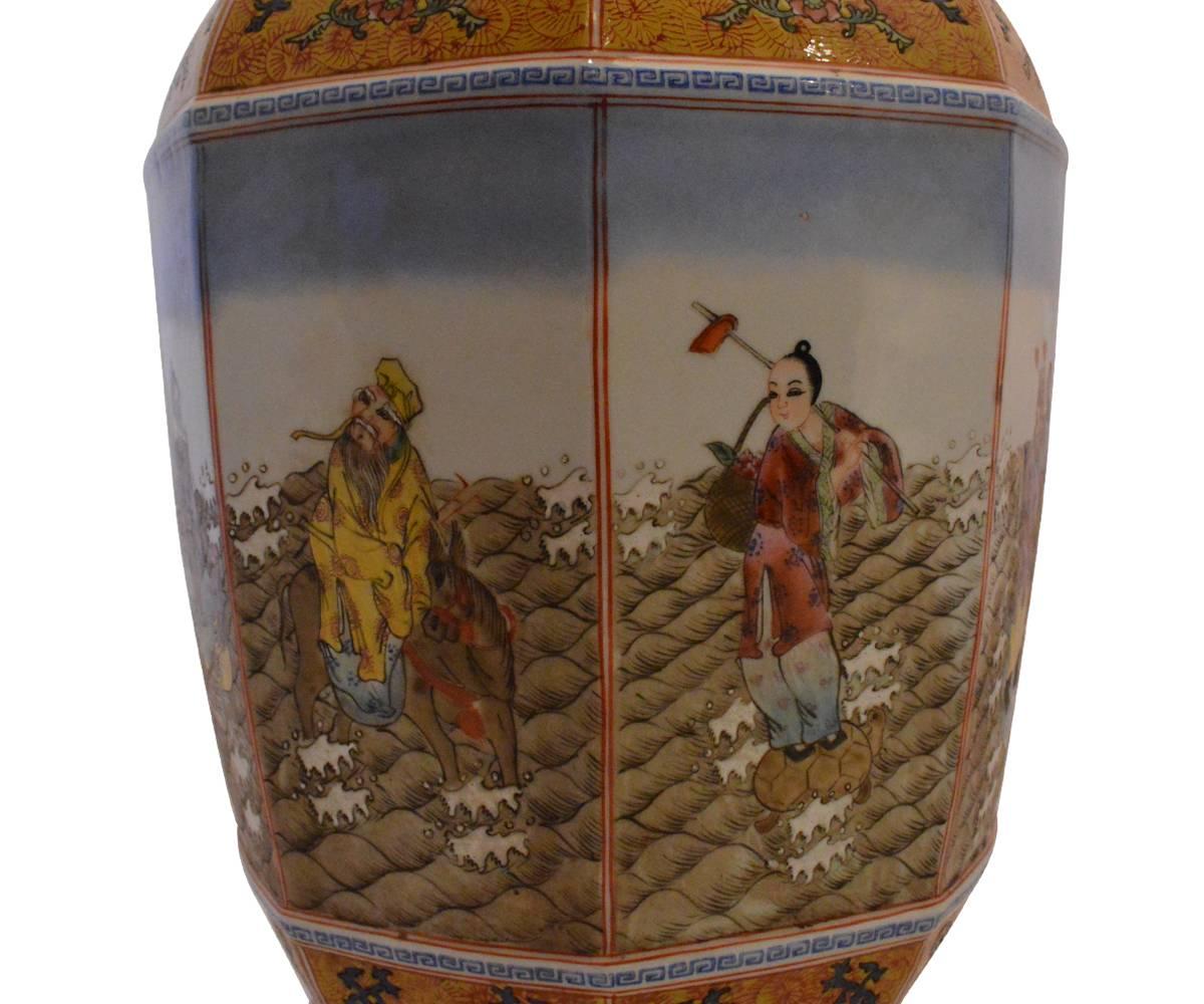 Tall Chinese Enameled Porcelain Segmented Stamped Vase with Eight Immortals In Good Condition In Laguna Beach, CA