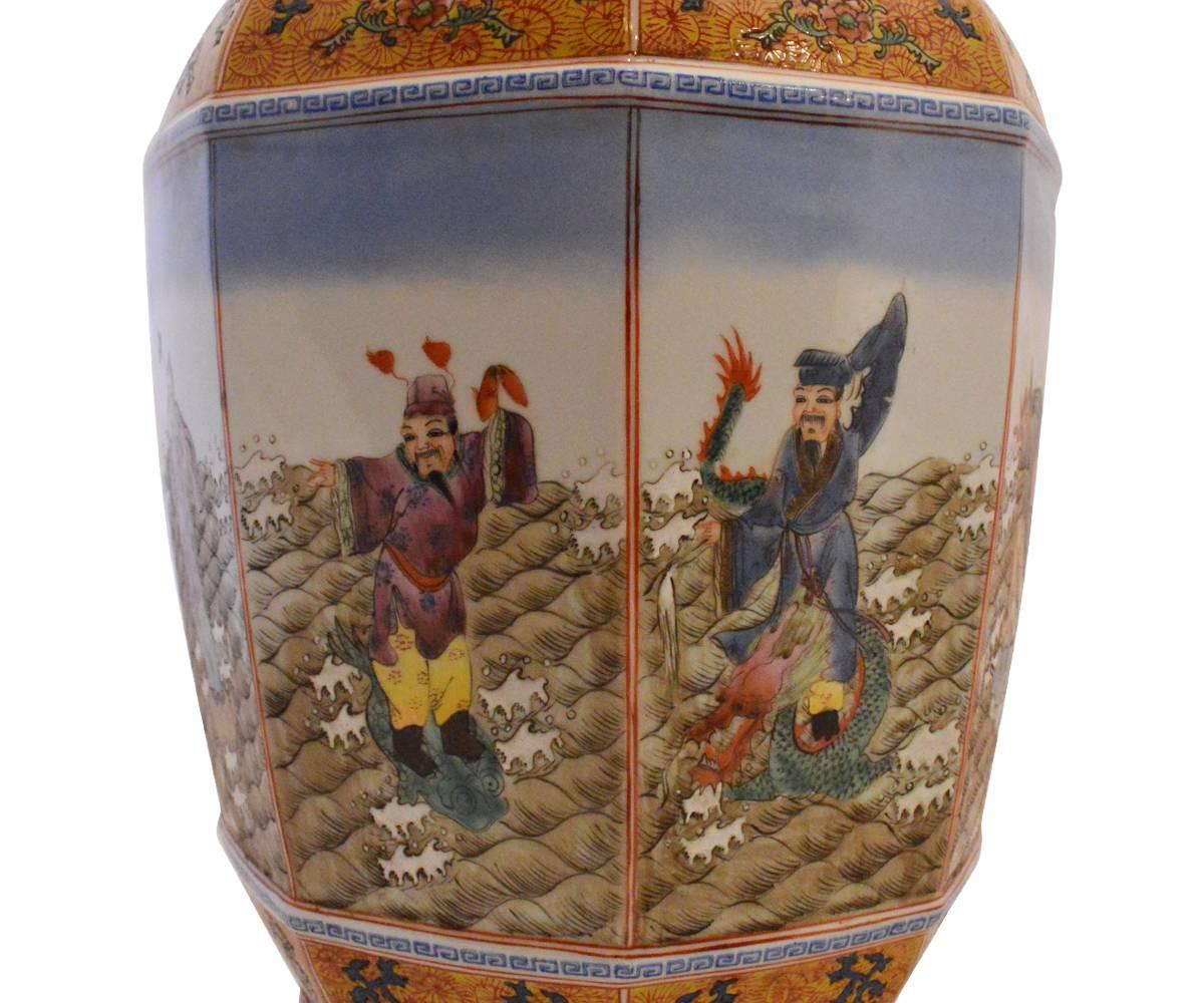 Hand-Painted Tall Chinese Enameled Porcelain Segmented Stamped Vase with Eight Immortals