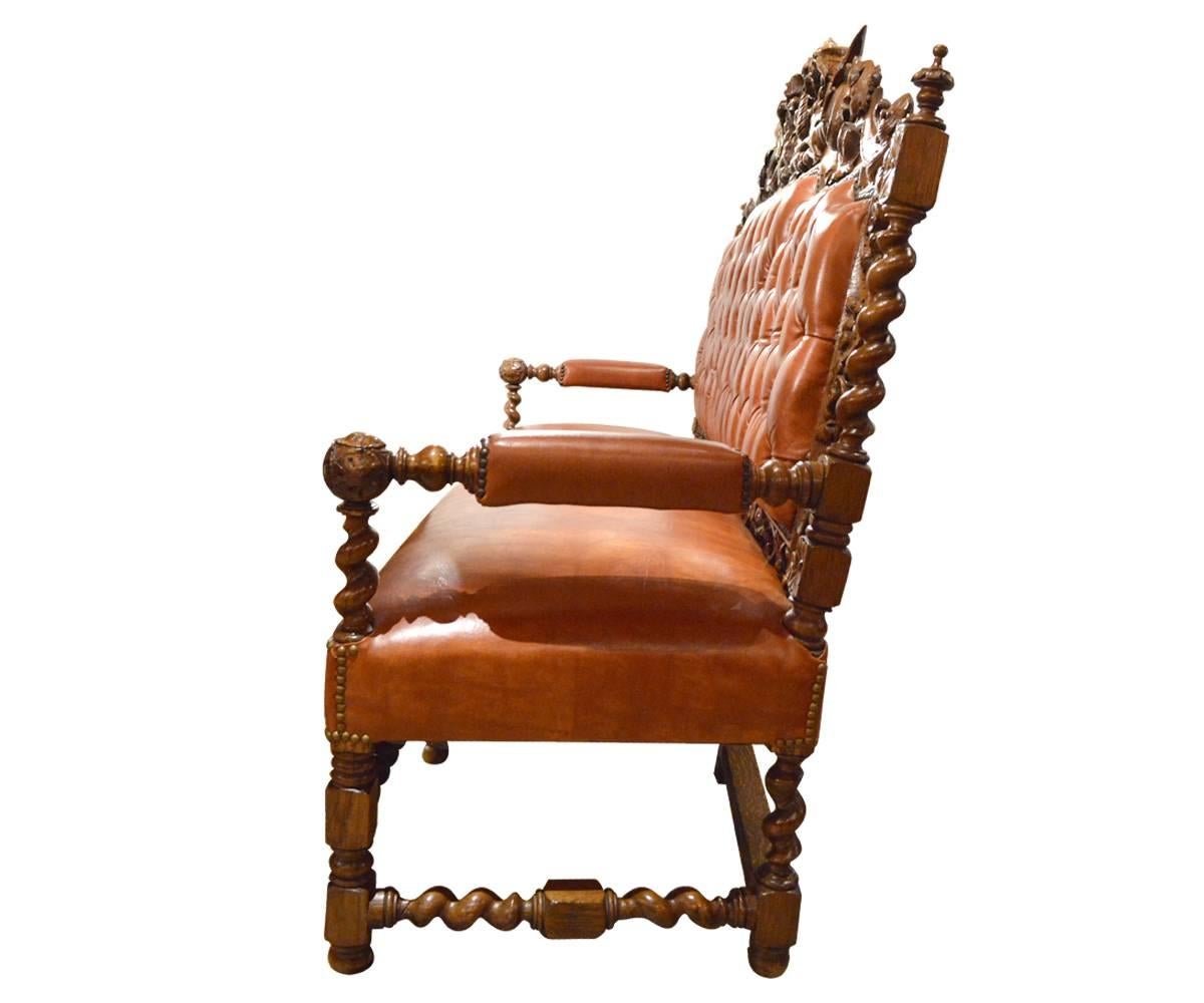 Renaissance Revival Antique Tufted Back Leather Hand-Carved Oak Bench or Sofa