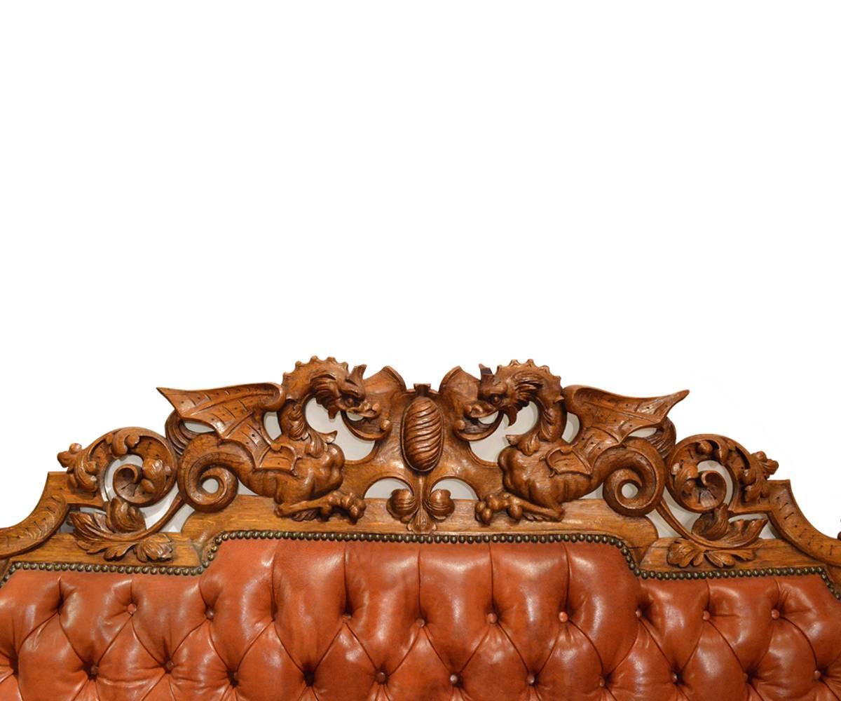 Antique Tufted Back Leather Hand-Carved Oak Bench or Sofa In Good Condition In Laguna Beach, CA