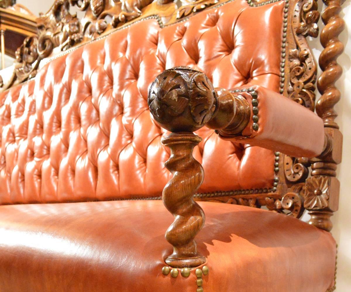 European Antique Tufted Back Leather Hand-Carved Oak Bench or Sofa