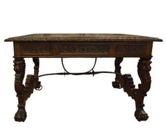 Antique Hand-Carved Walnut Trestle Desk with Inset Tooled Leather Top