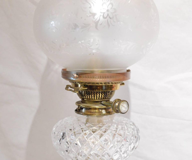 Pair of Antique Gilt Bronze Etched Crystal Oil Lamps at 1stDibs