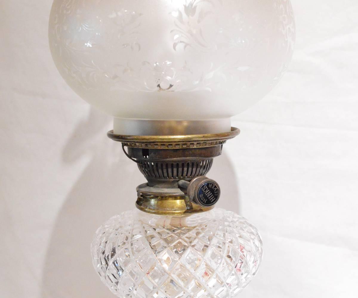 Louis XV Pair of Antique Gilt Bronze Etched Crystal Oil Lamps