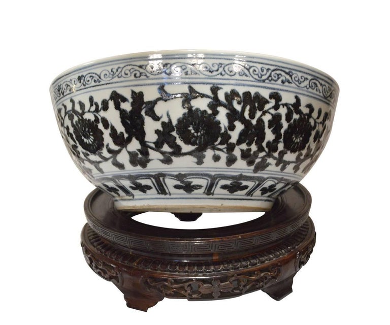 Large Antique Chinese HandPainted Bowl with Intricate HandCarved Wood