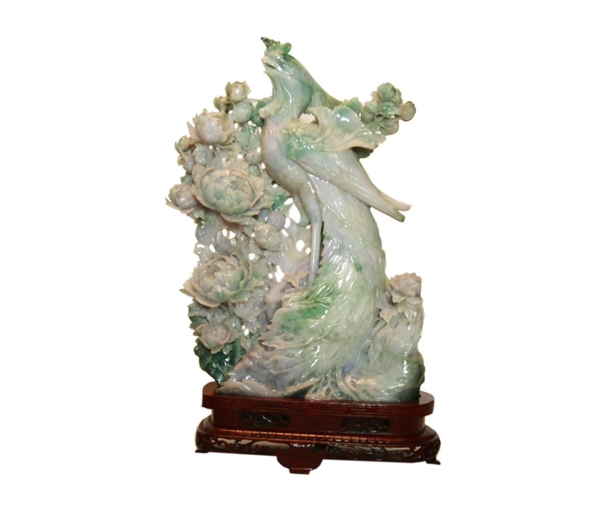 Chinese Export Pair of Fine and Large Jadeite Phoenix Groups