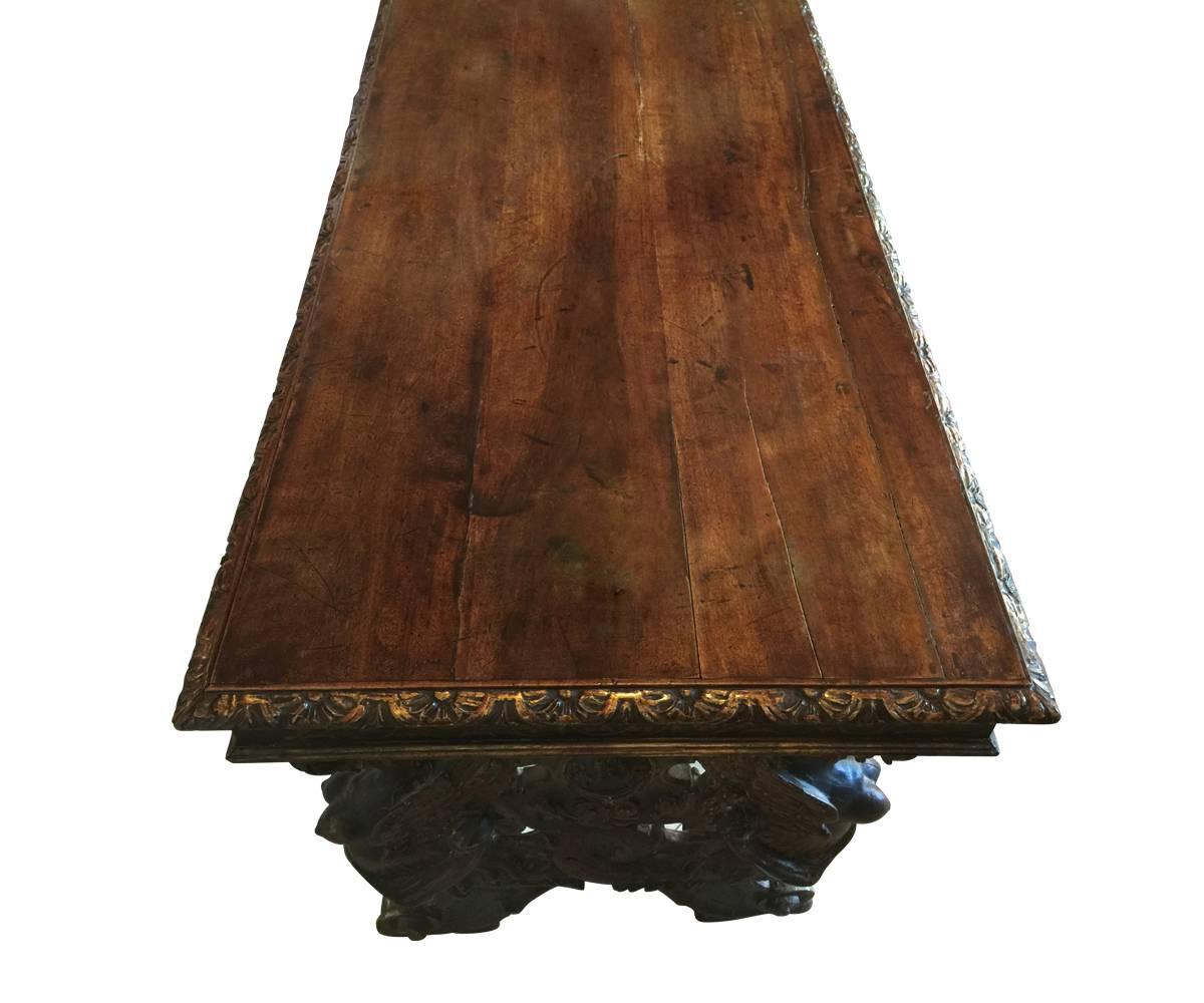 Antique Spanish Renaissance Style Walnut Polychrome and Gilt Table or Desk In Good Condition In Laguna Beach, CA