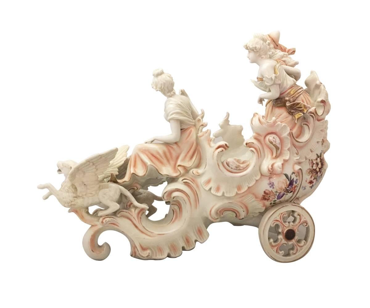 This antique Sitzendorf porcelain piece features three gorgeous ladies in a carriage drawn by two winged beasts. The piece bears the mark of Sitzendorf pieces dated from 1887–1900. This piece is in excellent condition.