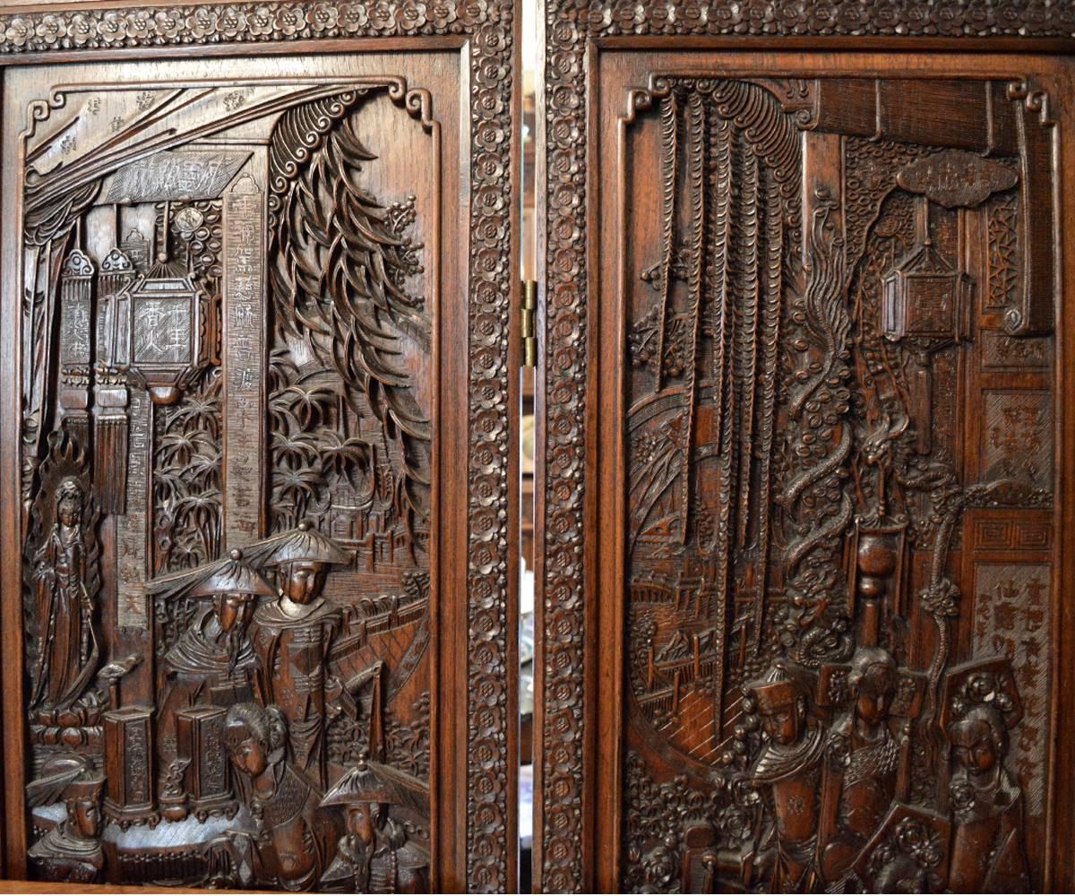 Chinese Export Chinese Highly Carved Wood Four-Panel Screen/Divider