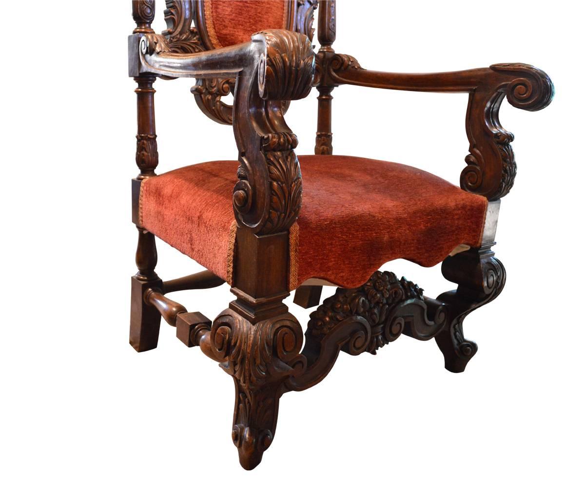 Italian Pair of Large Antique Hand-Carved Walnut Throne Chairs