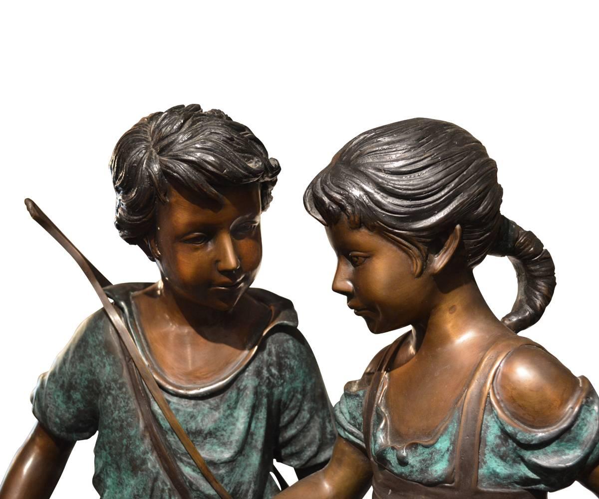 Painted Large Adorable Signed Bronze Featuring Two Youths 
