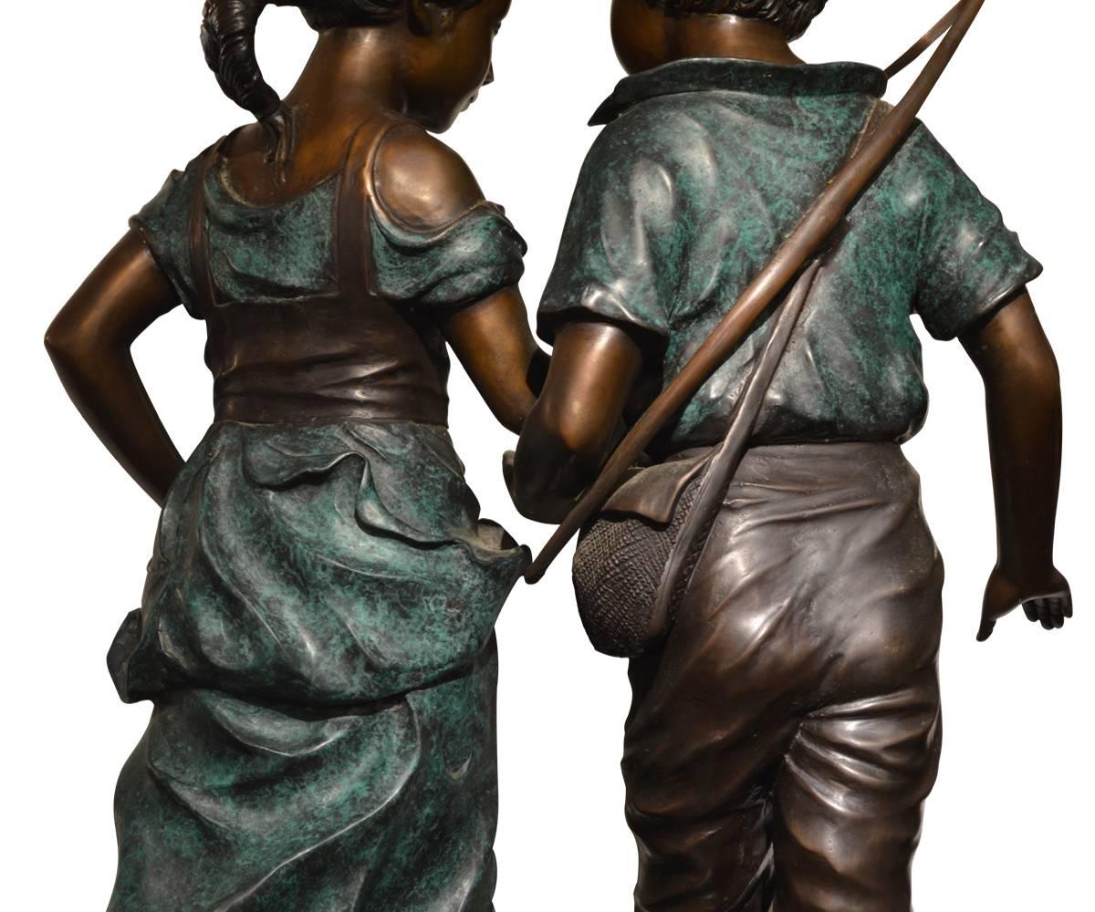Large Adorable Signed Bronze Featuring Two Youths  In Good Condition In Laguna Beach, CA