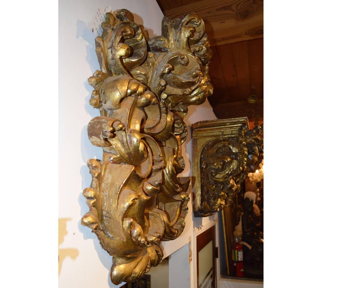 Massive Pair of 17th Century Baroque Italian Gold Gilt Wall Hangings or Sconces 2