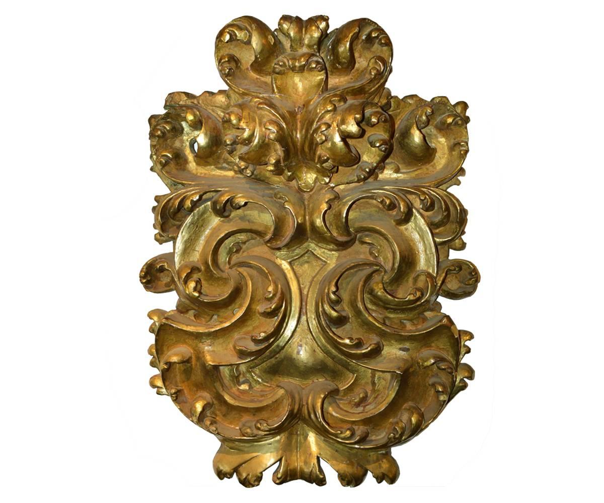Offered is a pair of antique 17th century gold gilt gesso hand-carved wood wall hangings that are incredibly large with the carvings over eight inches deep. These incredible pieces are larger than any we have seen and part an estate which we