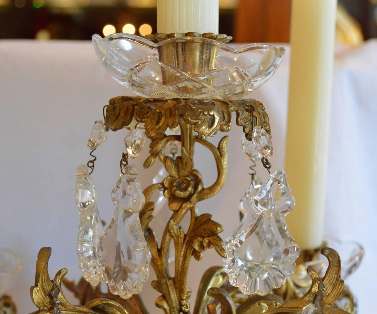 Pair of Antique French Gilt Bronze Six-Arm Crystal Candelabra In Good Condition In Laguna Beach, CA