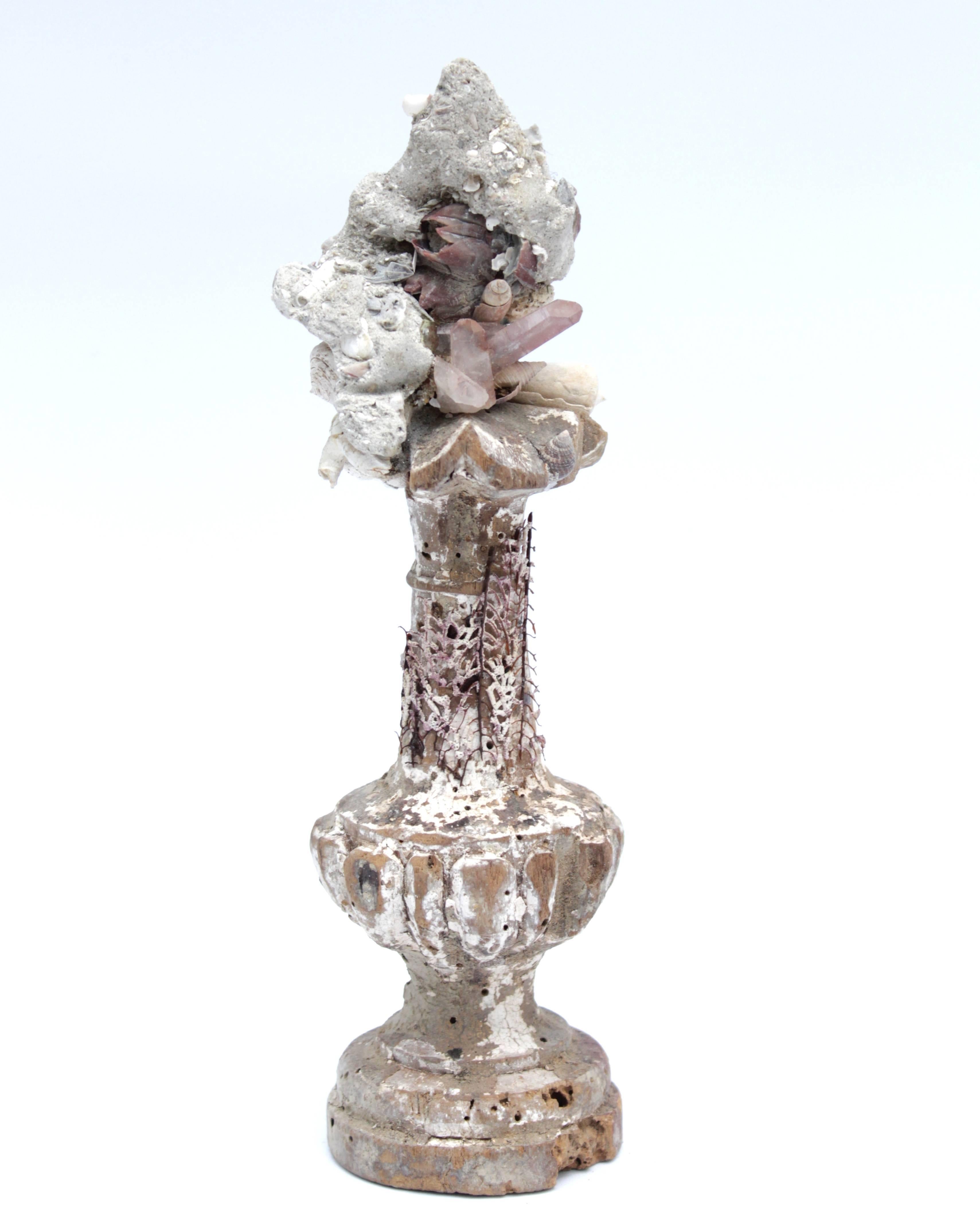 18th century Italian church alter vase fragment (Florence) decorated with barnacles and fossil shells in matrix and crystal quartz points.
