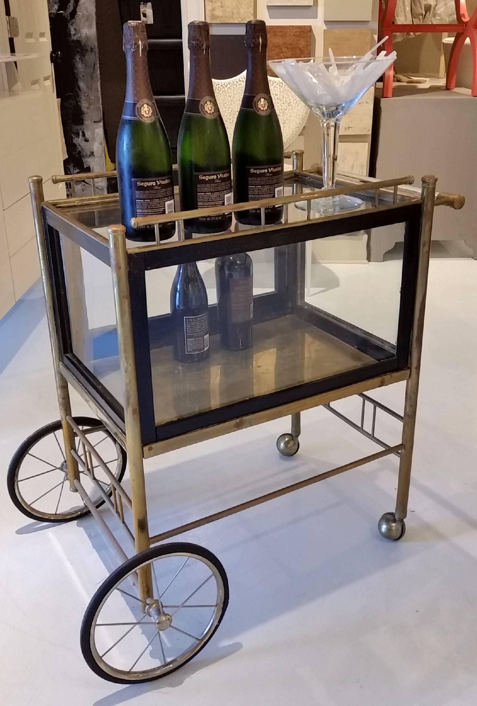 Early 20th Century Antique Bar Cart / Trolley on Carriage Wheels