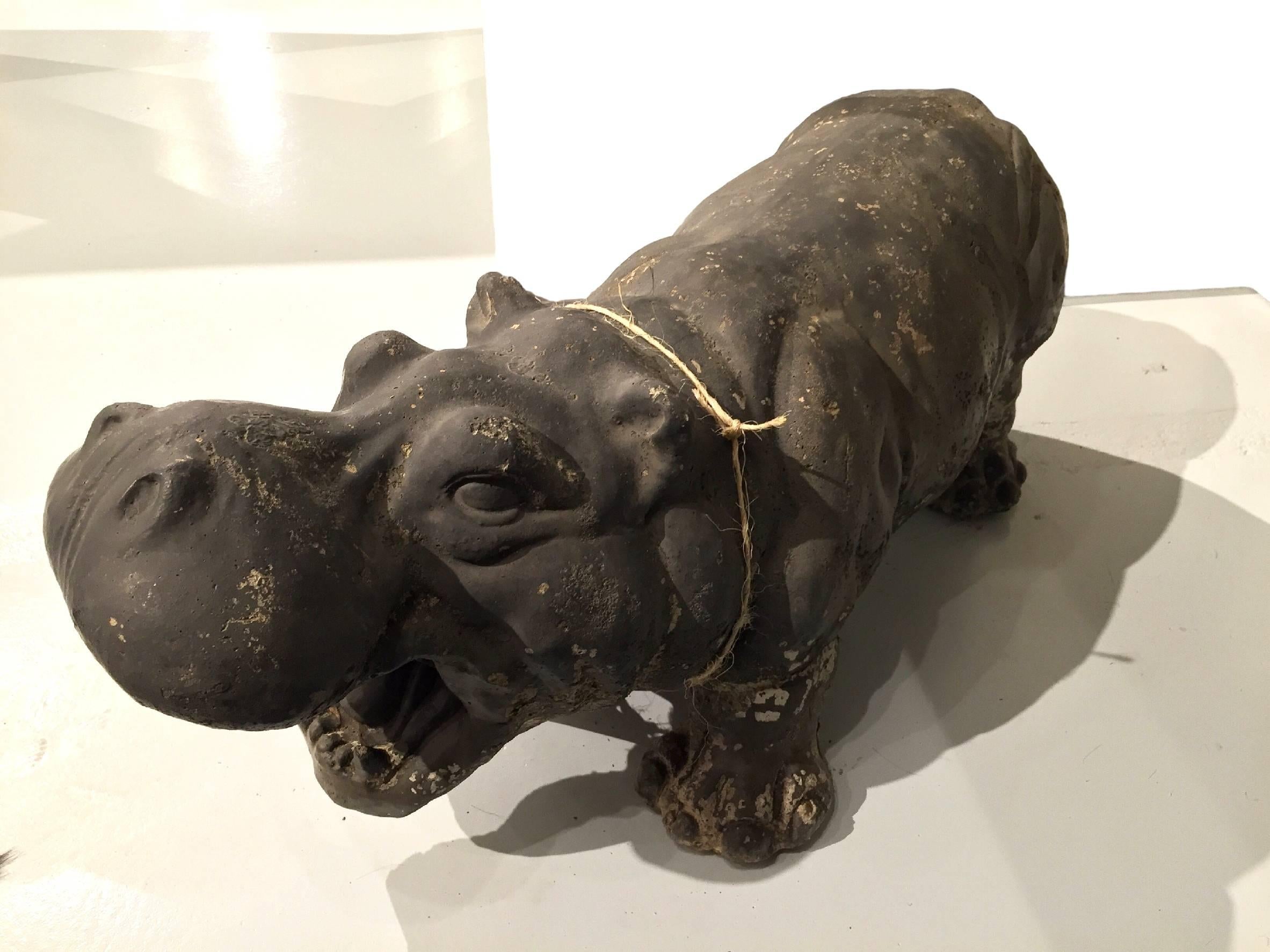 Cast Vintage Cement Hippo Sculpture Animal Statue For Sale