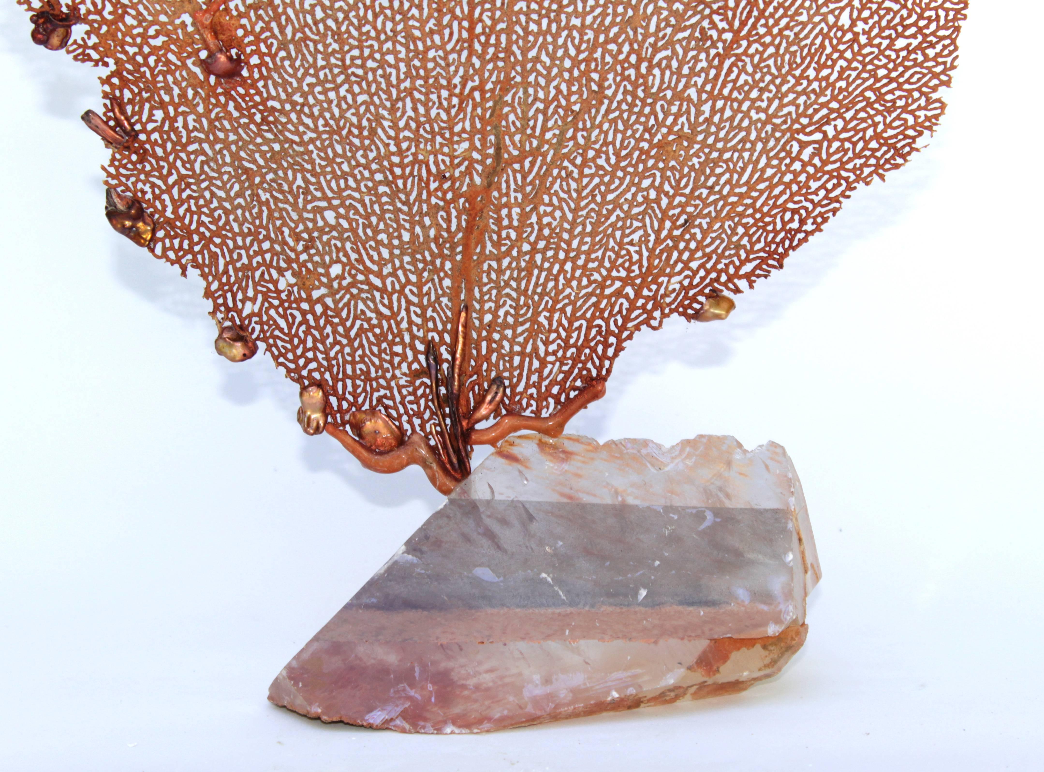 Red Mediterranean sea fan decorated with Baroque, natural forming pearls and red coral (Sicily) on a calcite mineral base with inclusions. Sea Fan's are also known as 