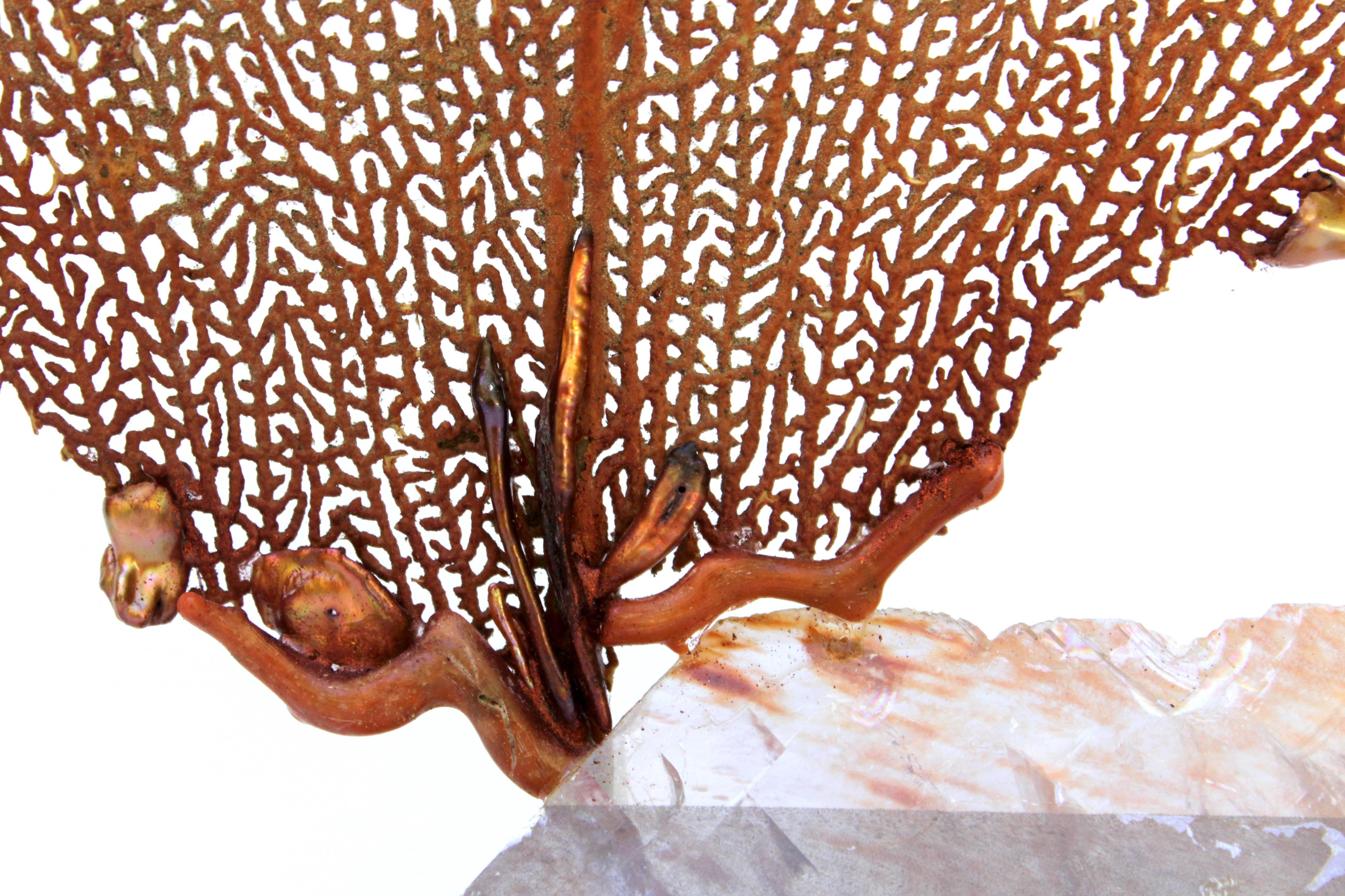 19th Century Decorated Red Mediterranean Sea Fan on Calcite Mineral Base For Sale