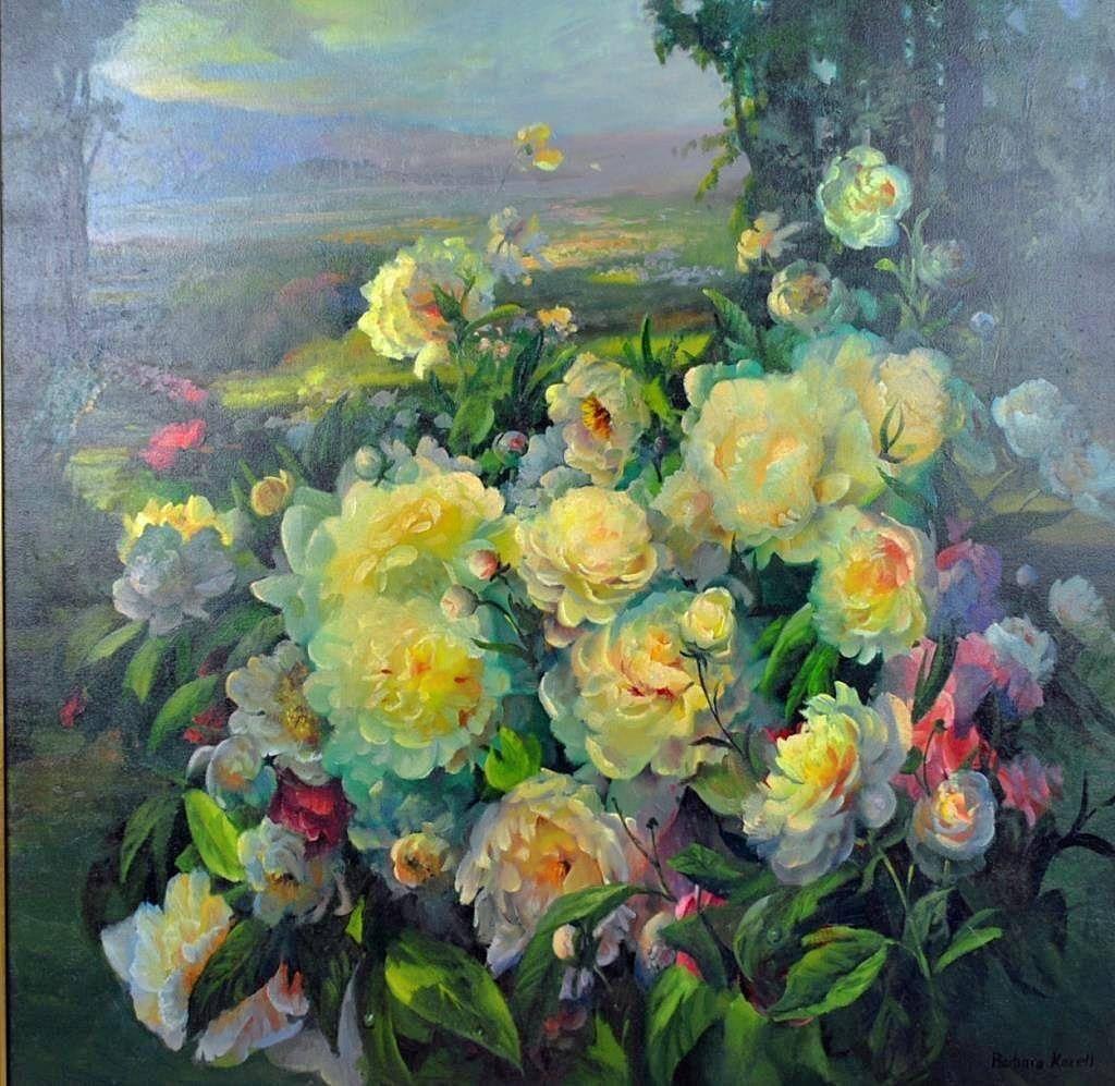 Still life floral landscape oil on canvas painting by American artist Barbara Kozell. 
The foreground is occupied by a sumptuous bouquet of peonies in tinted whites, pinks and reds. The distant background is a flower filled meadow hemmed in by tall