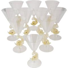 Set of Eight Venetian Dolphin Goblets Murano Glass Wine Water Stems