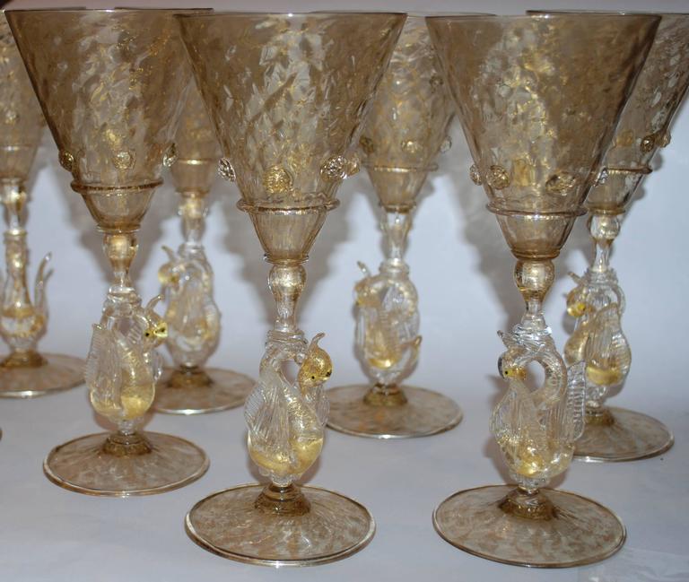 Set of Eight Glass Goblets Wine Water Swan Stem Vintage