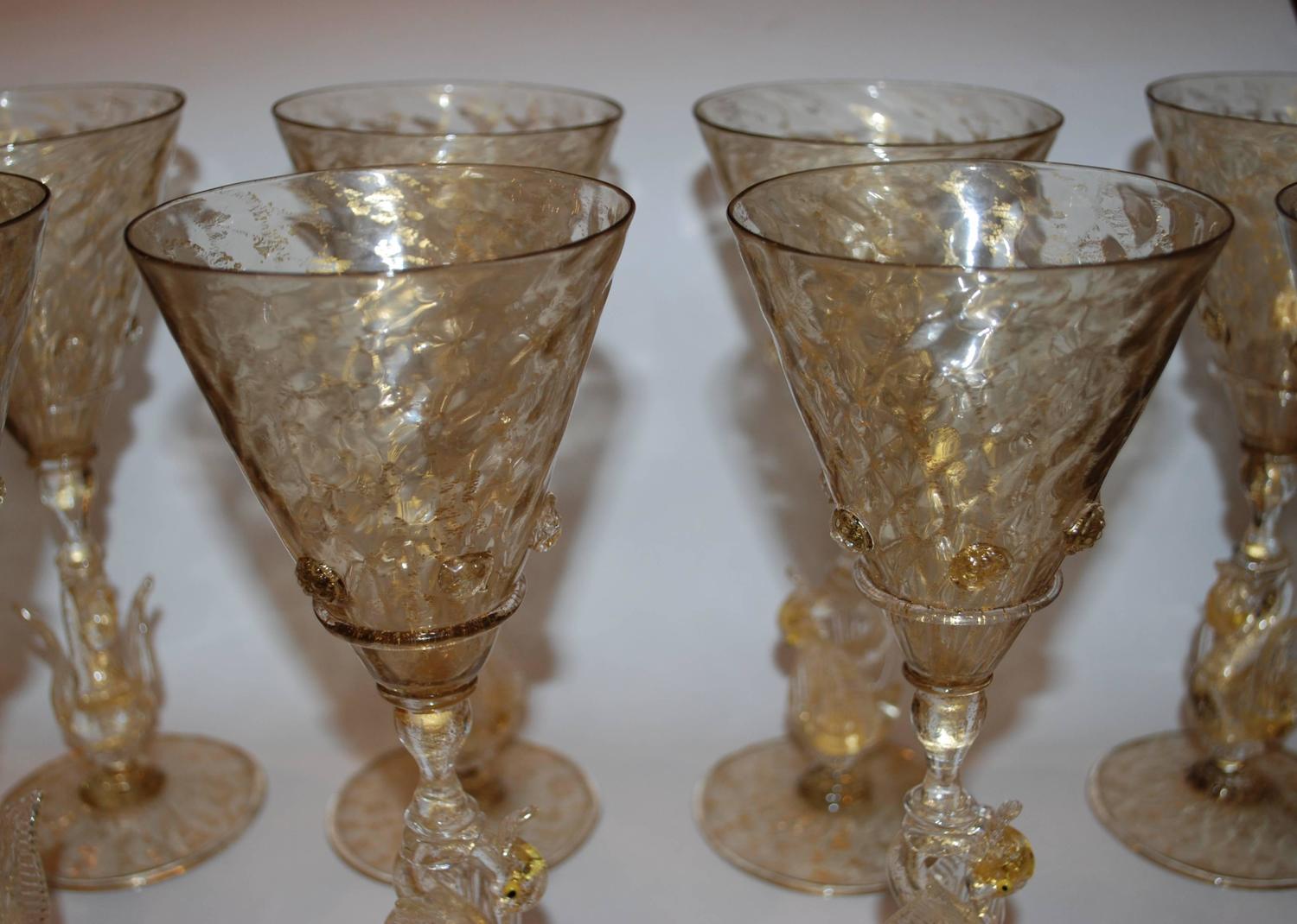 Set of Eight Glass Goblets Wine Water Swan Stem Vintage