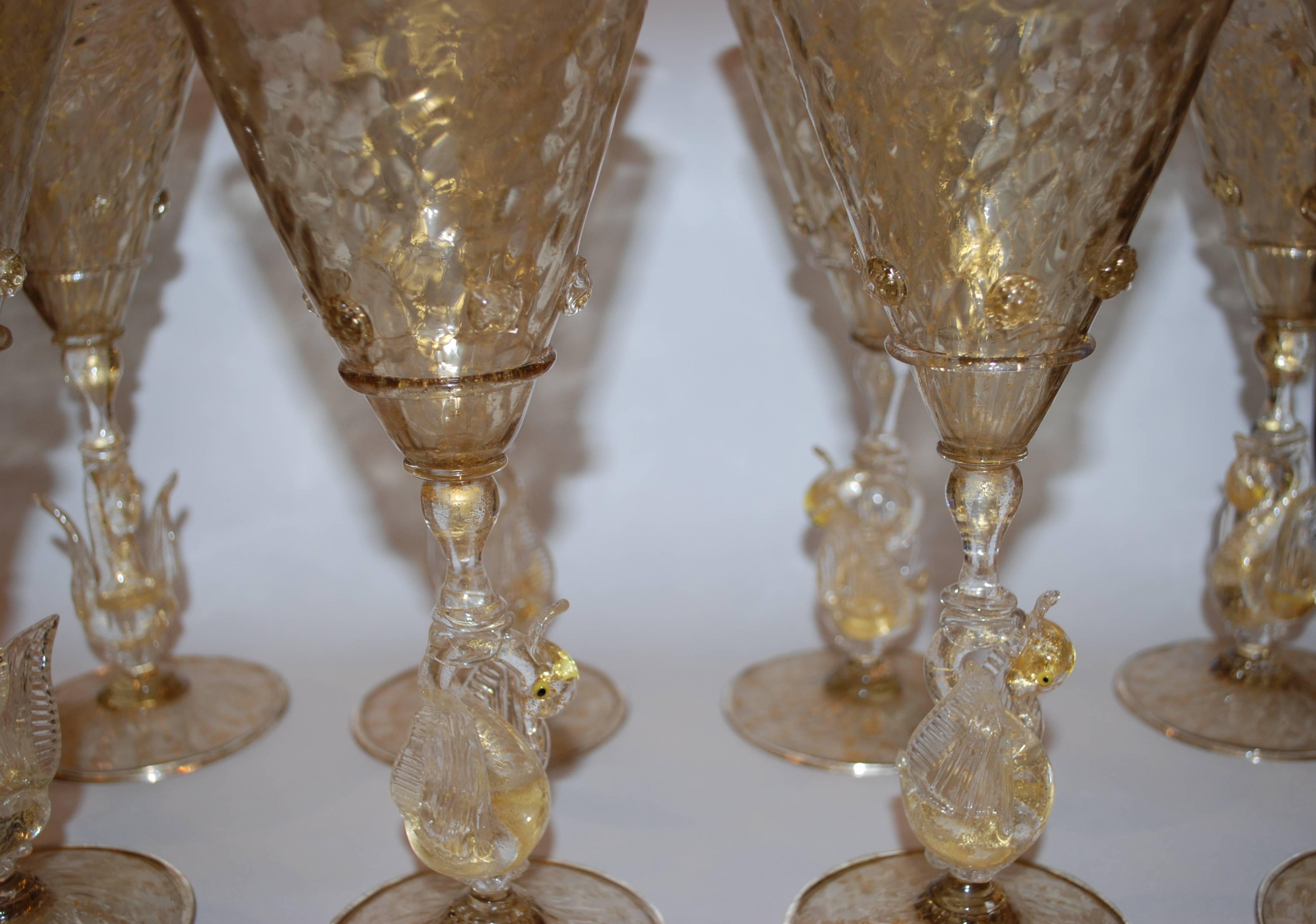 Blown Glass Set of Eight Venetian Glass Goblets Wine Water Swan Stem Vintage Stemware