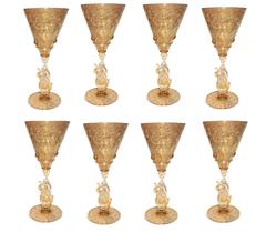 Set of Eight Venetian Glass Goblets Wine Water Swan Stem Vintage Stemware