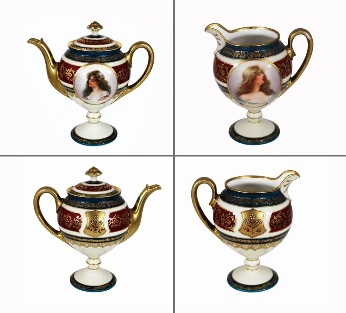 Romantic Antique Royal Vienna Style Porcelain Tea Coffee Set on Tray