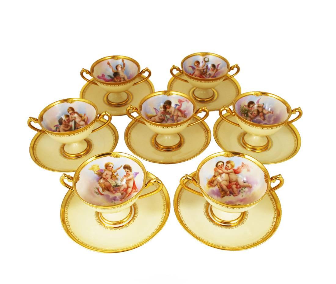 Rococo Revival Set of Eight Dresden Ambrosius Lamm Hand-Painted Soup Cups, circa 1915