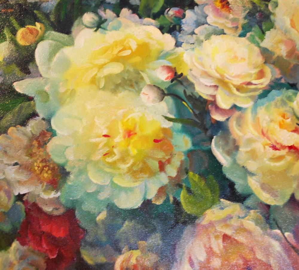 Romantic Oil on Canvas Still Life Floral Landscape For Sale