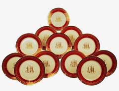 Set of 12 Antique Dresden Ambrosius Lamm Red Dessert Plates, circa 1880