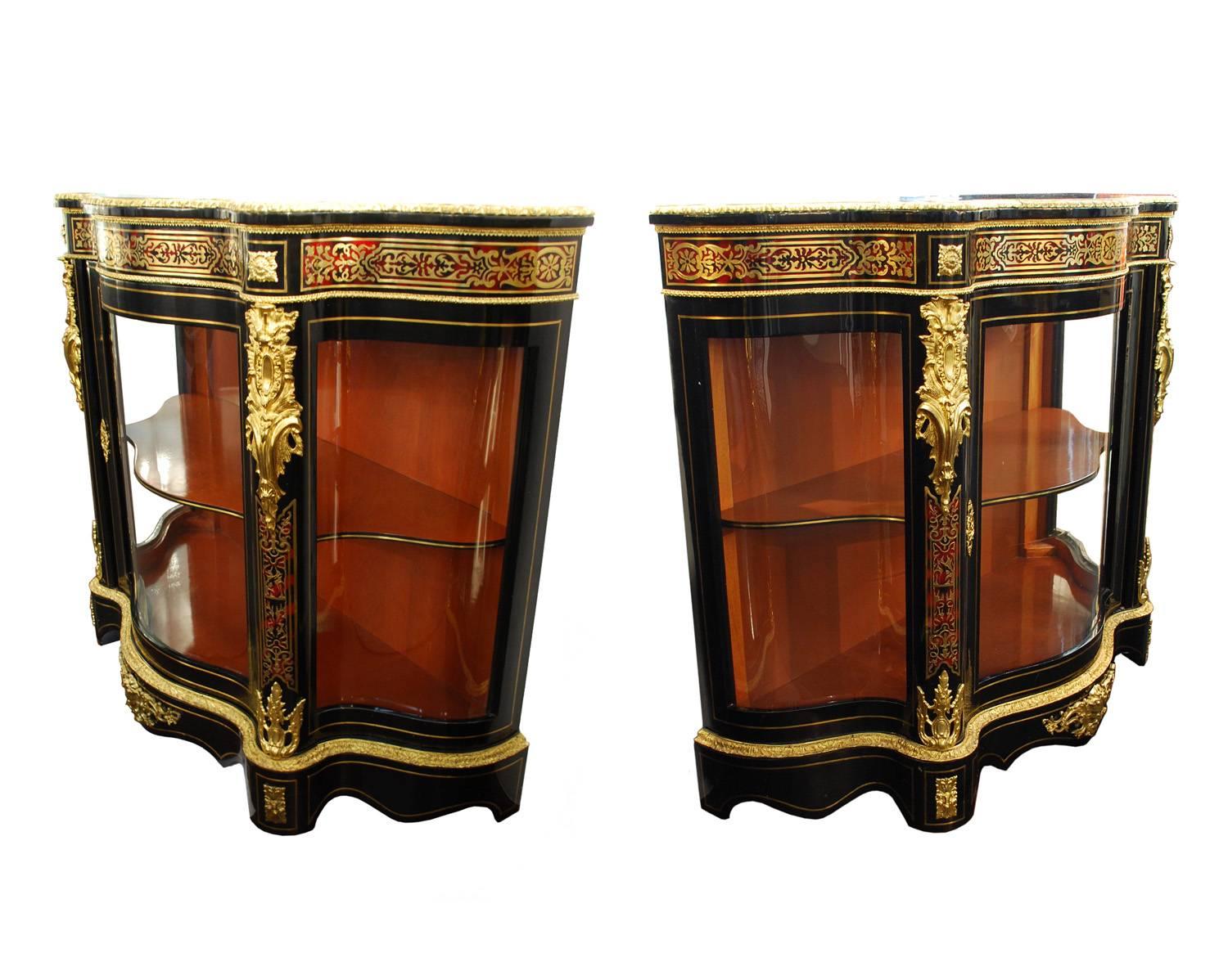 Napoleon III Pair of Boulle Style Ebonized Cabinets Displays For Sale
